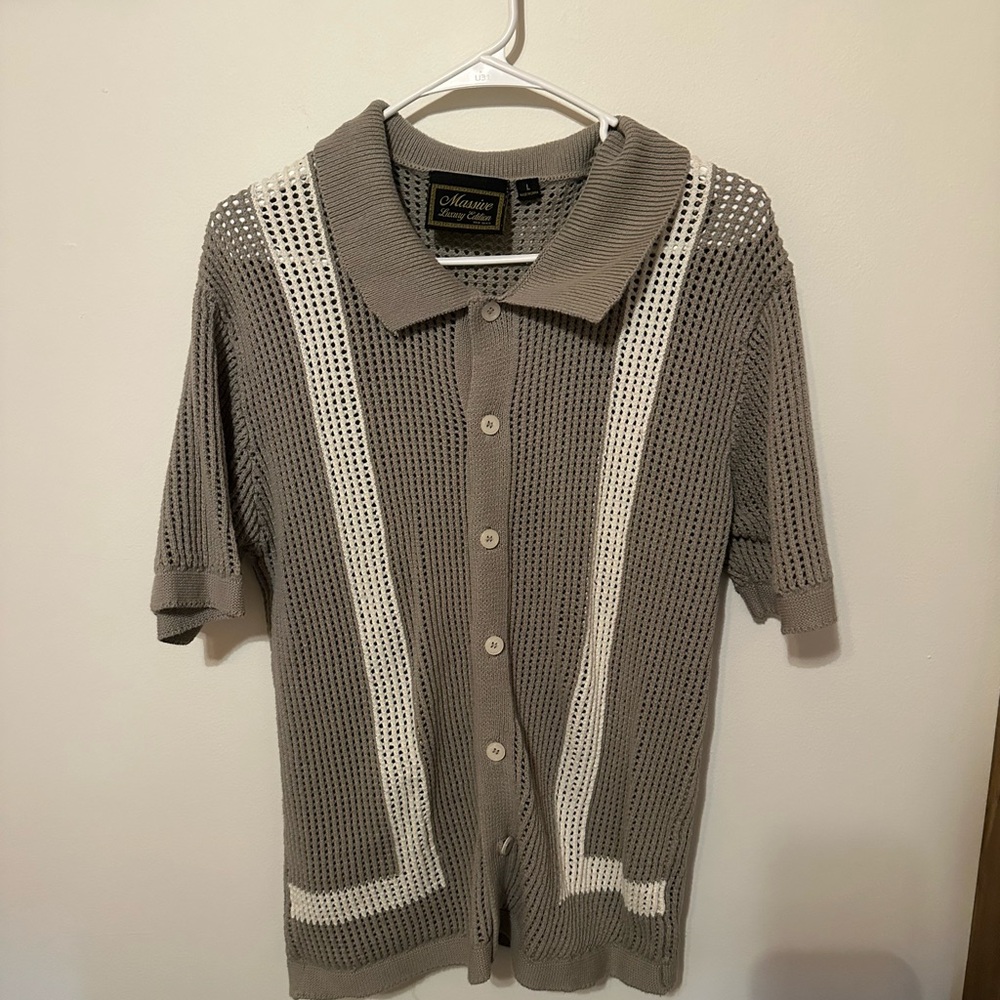 Green and White Knit Button-Up Shirt